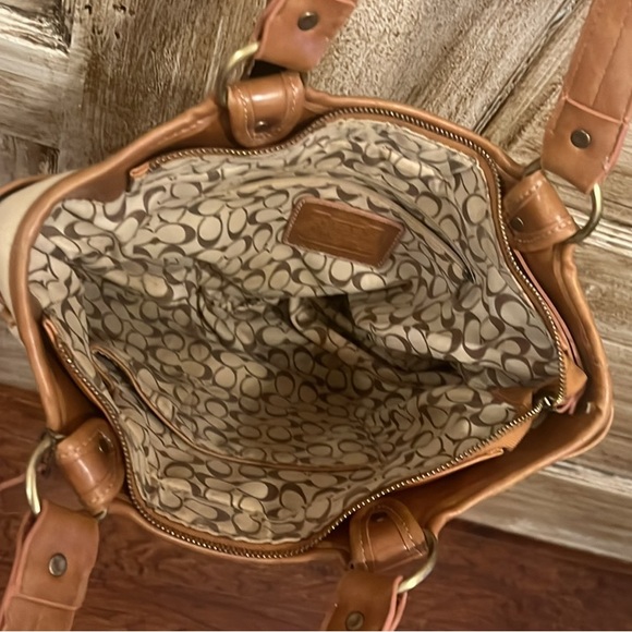 Vintage Coach tote bag leather and canvas brown and tan heritage stripe - Picture 4 of 9